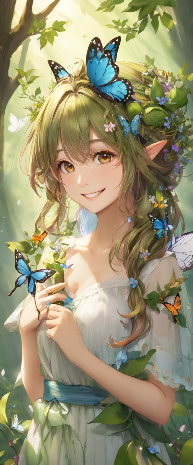 A girl, Dryad, Wood hair, Butterfly、petal、Smile