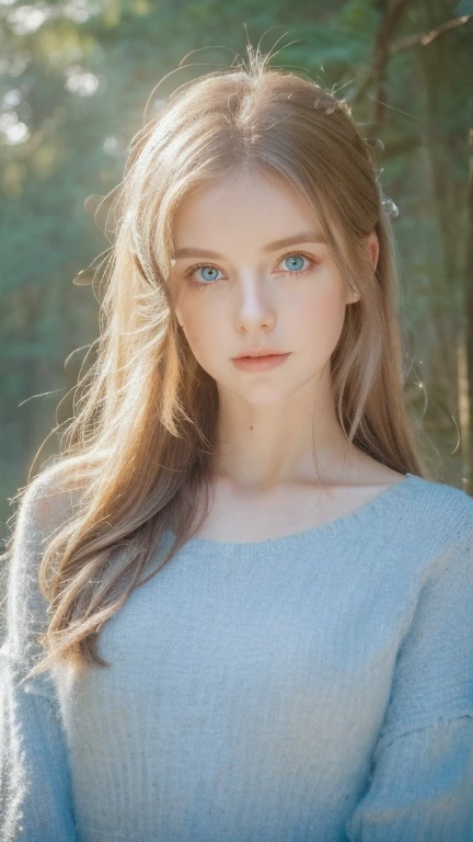 Portrait uper body, high quality, Ukrainian fairy winter snow in the forest through the trees About , blue eyes, smooth skin, ((Best quality, 8k, Masterpiece :1.3)), 1girl, Pretty girl , Casual outfit :1.2, in the forest, Ultra-detailed face, Detailed eyes, Double eyelid