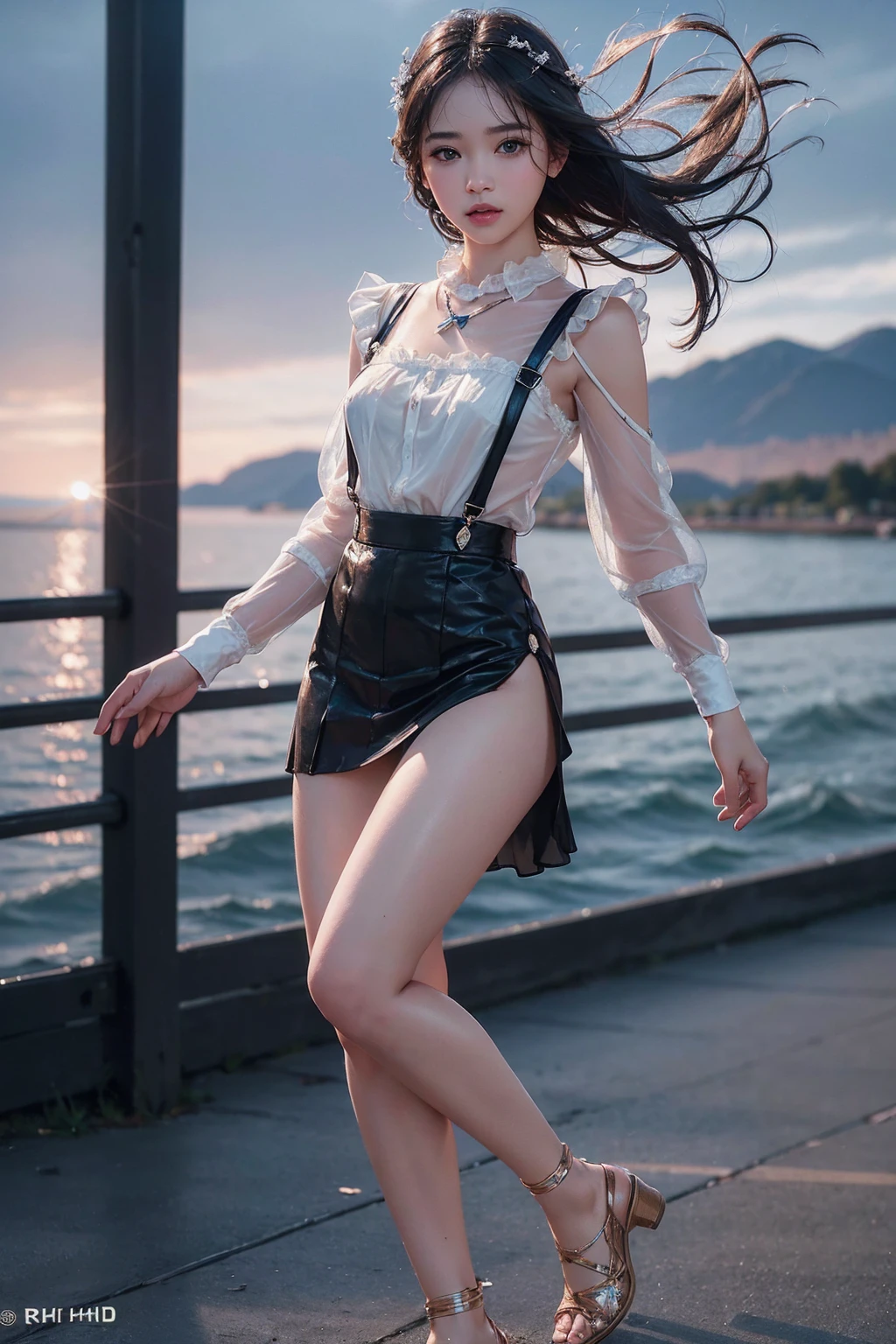 (Reality,photo lifelike, Ultra HD:1.2),(EOS R8, 50 mm, f1.2, 8K, RAW photos:1.2) 1 Girl,full_Body,Highly realistic,Glassy translucent,Fleeting details,Overhead spotlight beam,National Wind,Jewelry,Suspenders_skirt,