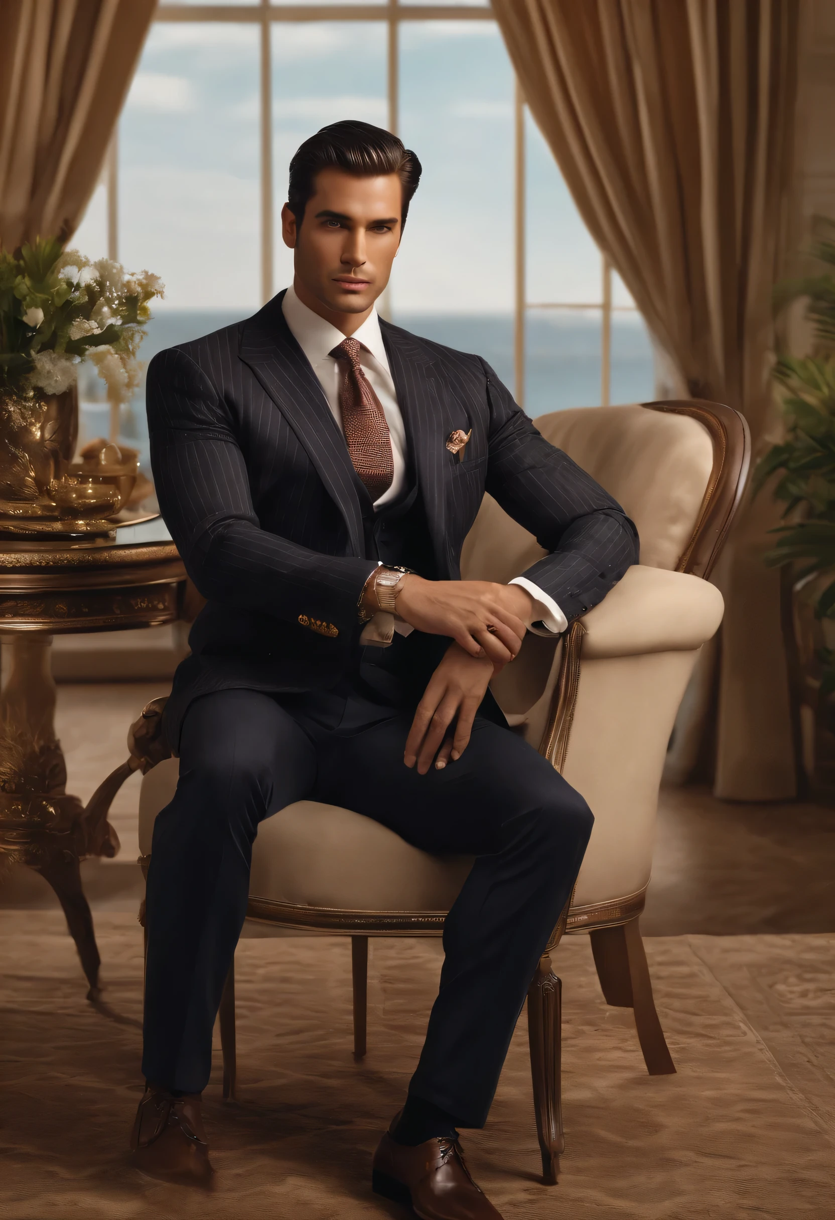 character sitting in a chair with arm raised, dark hair (neck length hair tied in a ponytail), nice pose, handsome man, pretty face, royal elegant pose, business man, (in a striped blazer), (The surrounding environment is a luxurious and classic living room) (sand tone image)