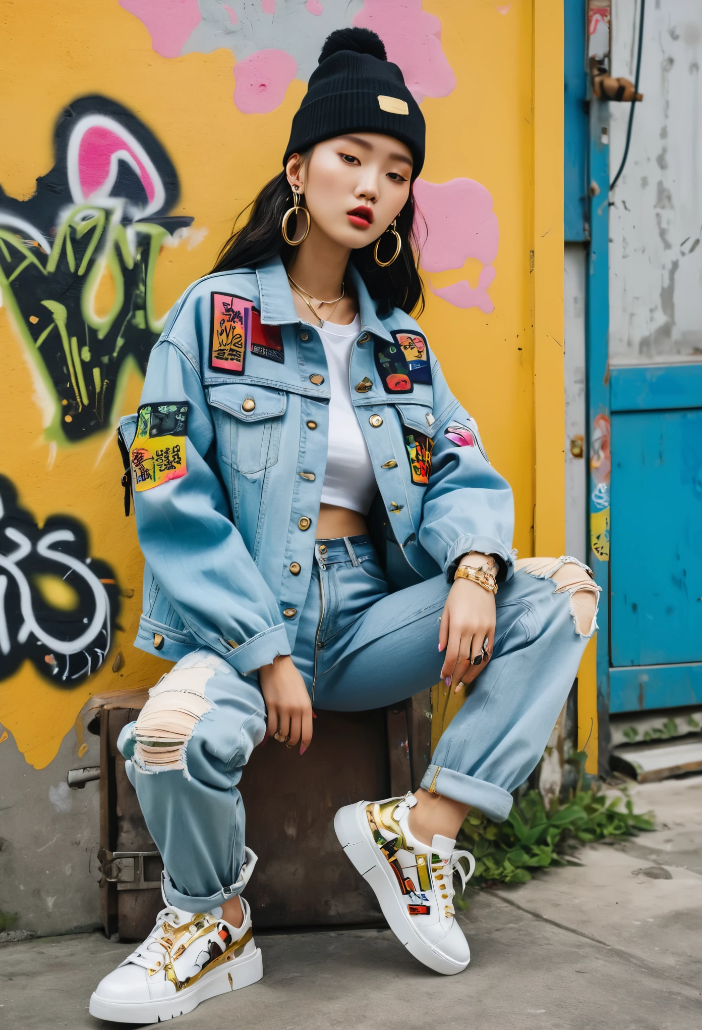 A korean fashion model in a stylish urban streetwear outfit. She wears an oversized, distressed denim jacket with colorful graffiti art patches. Underneath, a cropped white cotton tank top. Her high-waisted cargo pants are olive green with multiple pockets and adjustable straps. She finishes the look with chunky white sneakers and a black beanie. Her accessories include large gold hoop earrings, layered gold chains, and a black leather backpack, (fashion shot)