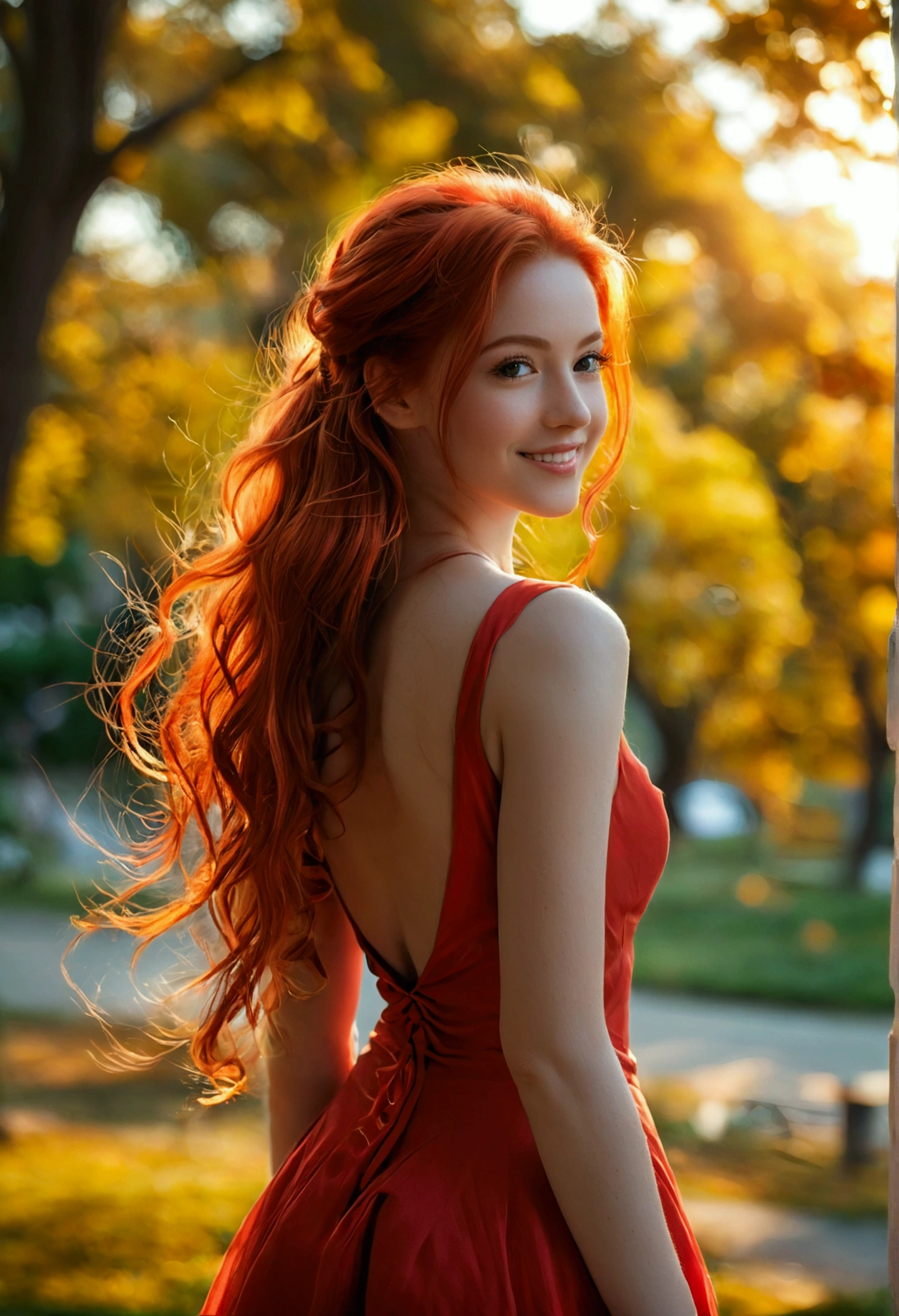 ultra realistic, photography, long red hair, girl, 24 years old, hourglass figure, perfect body, Flirty look, extremely detailed artgerm, in the style artgerm, facing the camera, lens 35 mm, blur background, walking in a park on a summer day, wearing a tight red dress, from behind, camera is behind her, she is looking back and smiling, full body picture, full body