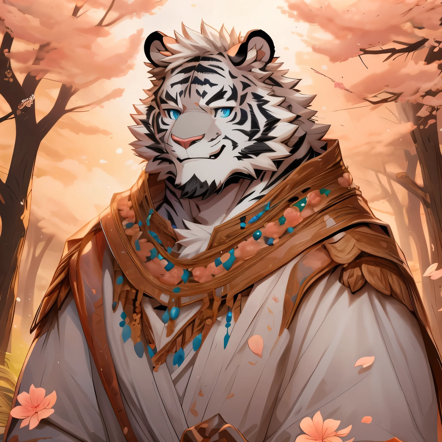 White fur,black strips,white tiger,medium height,Thin body type,Peach Blossom,White hair,Silver necklace,white tiger Orc,short hair,Smile,Solid wood house background,Croak,Peach Blossom Petals,male,Blue eyes,White robe,Peach Blossom Opens,Anime eyes,Blue Eyes,Eyes are the same size,masterpiece,8K
