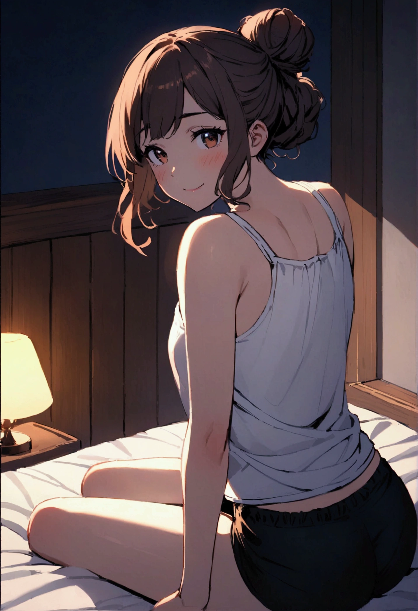 There is a 30 year old woman sitting on the edge of a bed, looking back at the POV. The woman is wearing a white tank-top and black shorts, and has dark brown wavy hair. Her hair is tied up in a loose, messy bun. The bedroom is dimly lit and a cozy atmosphere. The woman has a friendly face, a soft smile and expression. She has a light blush, and has a slender yet curvy body.