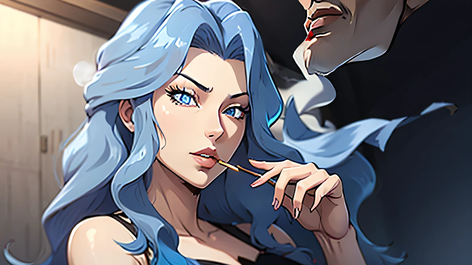 karen, woman, long hair, curly hair, wavy hair, very voluminous hair, blue hair, light eyes, blue eyes, black dress, sleeveless, looking at something, close up of the face, looks suspicious, the woman is smoking a cigare