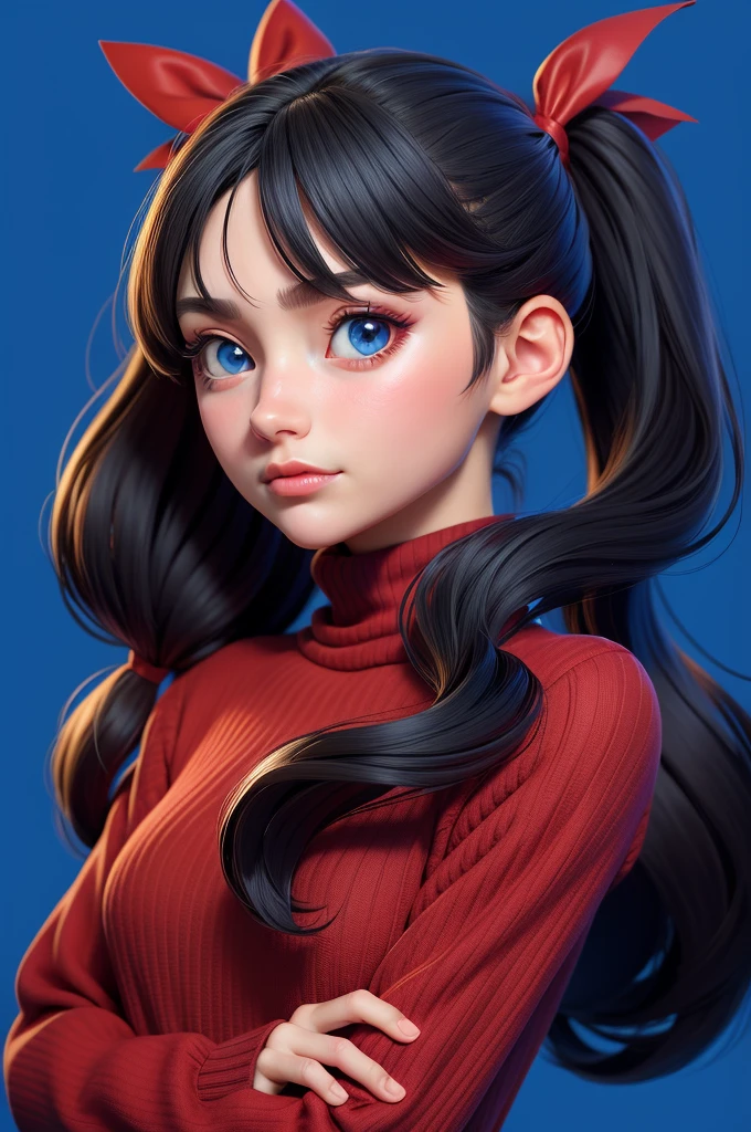1girl, tohsaka rin, solo, long hair, sweater, red sweater, looking at viewer, blue background, black hair, simple background, two side up, turtleneck, blue eyes, lips, closed mouth, ribbon, hair ribbon, bangs, turtleneck sweater, upper body, parted bangs, black ribbon, ribbed sweater, twintails, nose,