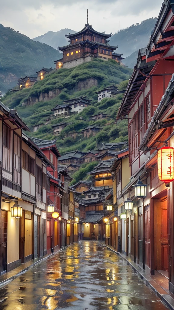 A view of the village with many lights on the buildings, Dreamy city in China, Chinese Village, Awesome Wallpapers, Japanese Street, Japanese Village, 超リアルな町のphotograph, Old Asian Village, Japanese cities, Raymond Han, Rainy night, Cyberpunk Chinese Ancient Castle, beautifully照らされた建物, Rainy Evening, beautifully、aesthetic, photograph, Cinematic, 8k, Detailed ((heavy rain)))、((Night view)、(Night view))