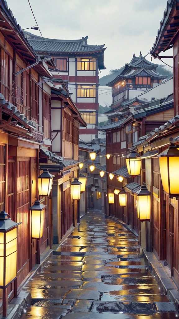 A view of the village with many lights on the buildings, Dreamy city in China, Chinese Village, Awesome Wallpapers, Japanese Street, Japanese Village, 超リアルな町のphotograph, Old Asian Village, Japanese cities, Raymond Han, Rainy night, Cyberpunk Chinese Ancient Castle, beautifully照らされた建物, Rainy Evening, beautifully、aesthetic, photograph, Cinematic, 8k, Detailed ((heavy rain)))、((Night view)、(Night view))