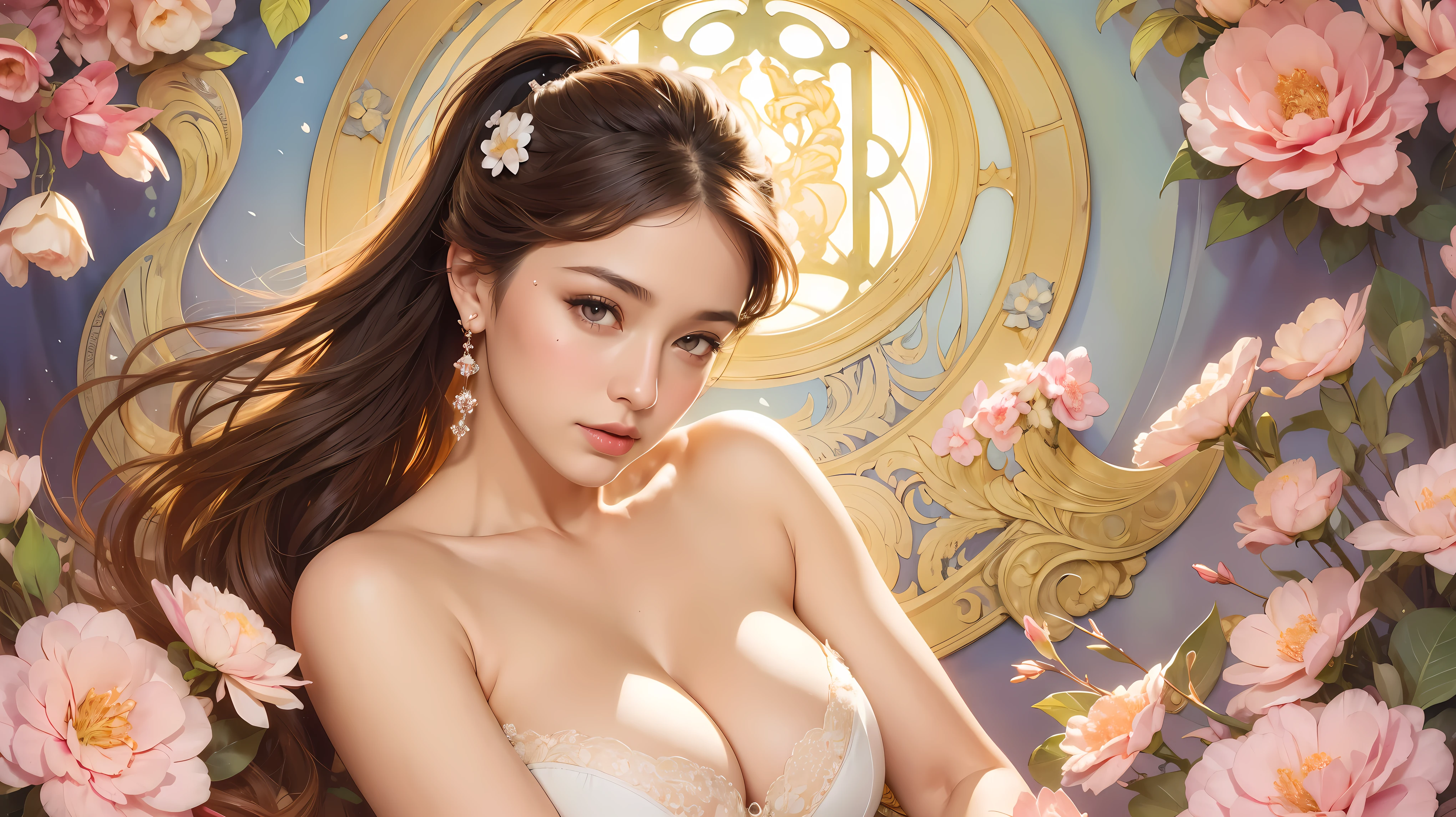 ((masterpiece)), (best quality) photorealistic ,fantasy, beautiful woman, good mood, topless ,beautiful round breasts, large breasts, dress-corset ,micro panties ,show your neck, bare shoulders ,show navel,exposed camel toe, Plum blossom tattoo on butt ,big eyes, long, thick eyelashes, plump lips, dark red eyes, blond hair long and thick, high ponytail, Intricate designs and patterns in the style of Alphonse Mucha ,Art Nouveau water color painting flowery dim light background