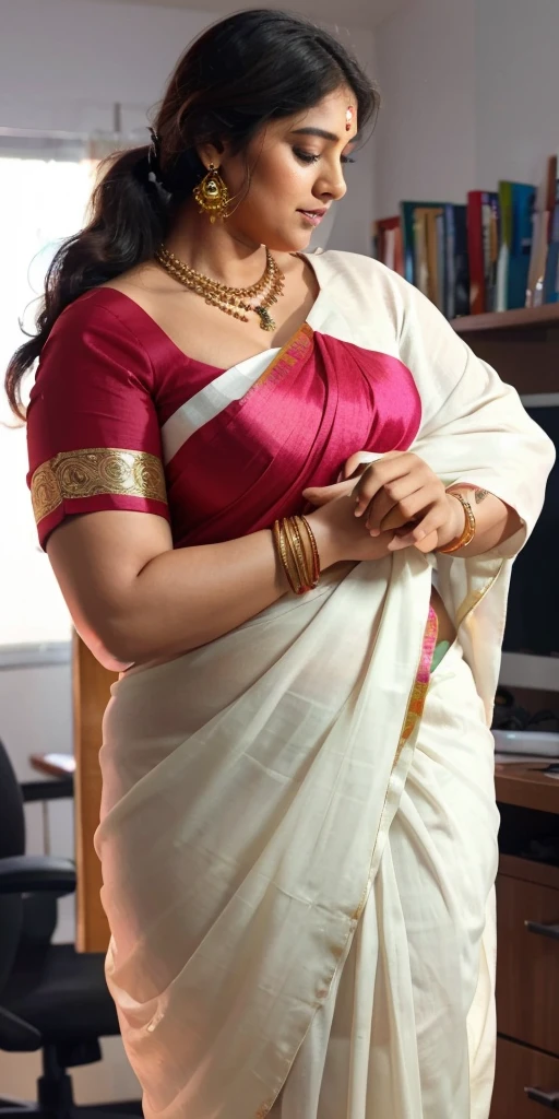 a  50-year-old shirtless man  affectionately hugging and kissing aradiant, full-figured South Indian plus-sized 30 year old teacher wearing a off white silky saree in  dressing room, captured in a full-body image with vibrant hues and meticulous details. Full body image