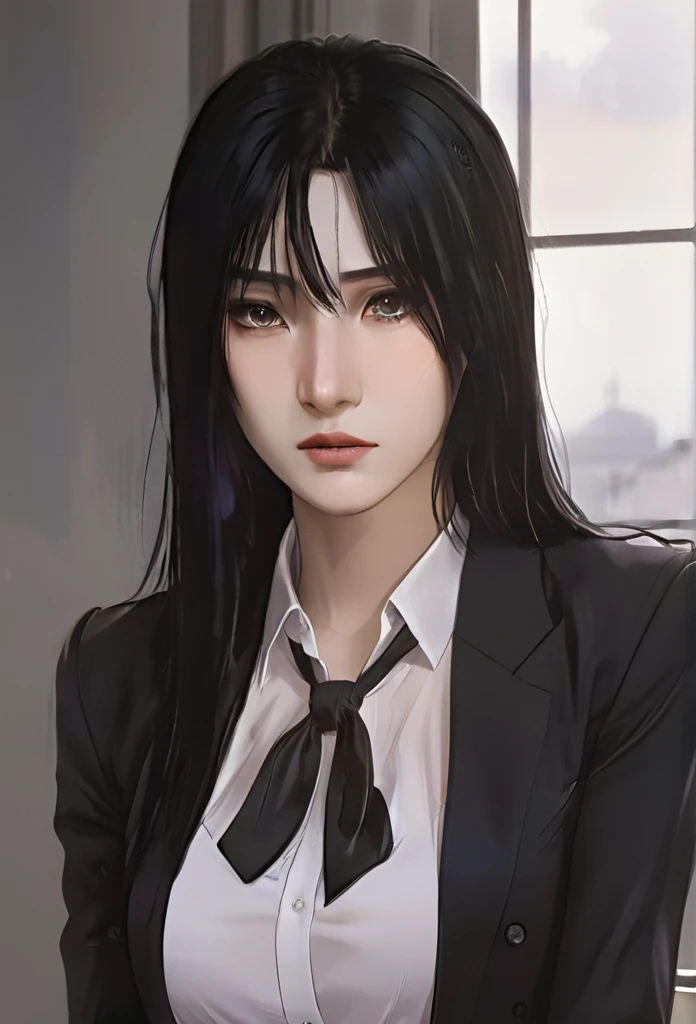 (masterpiece high quality, modern clothes) Arcane, caitlyn, black hair, 1girl, long hair, bangs, black attire, normal , messy hair, white top suit, black clothes, anime style character, highly detailed exquisite fanart, realistc anime
