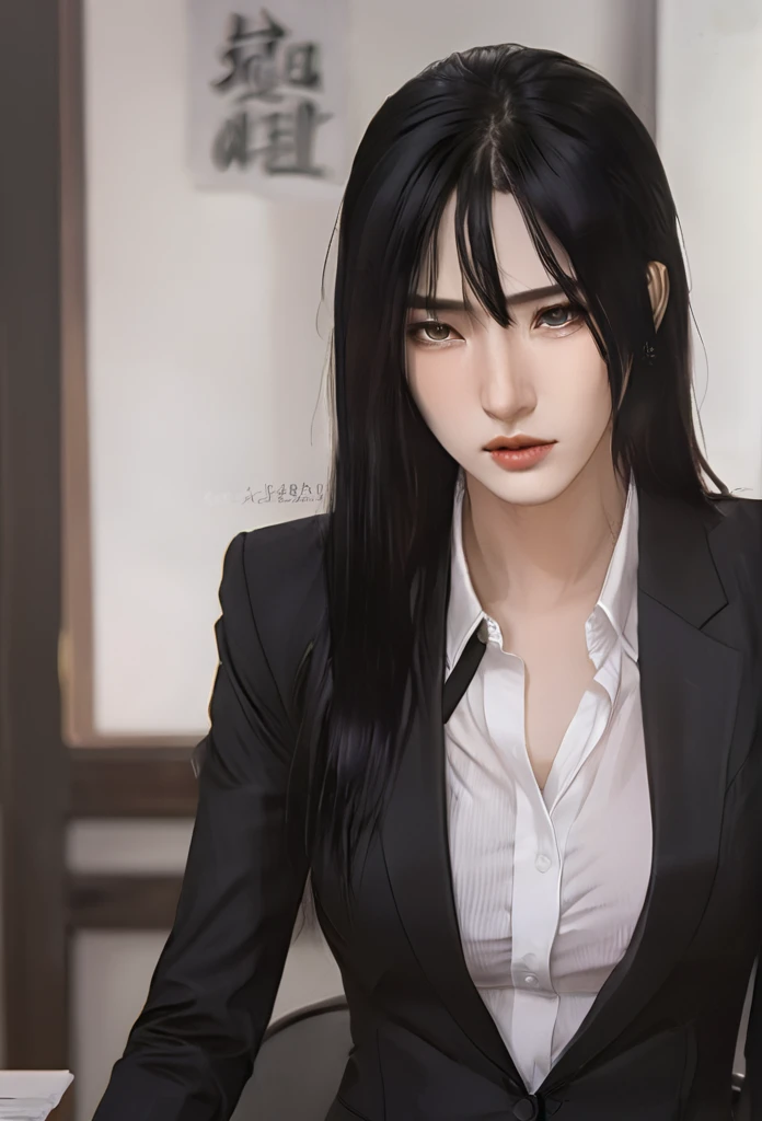 (masterpiece high quality, modern clothes) Arcane, caitlyn, black hair, 1girl, long hair, bangs, black attire, normal , messy hair, white top suit, black clothes, anime style character, highly detailed exquisite fanart, realistc anime
