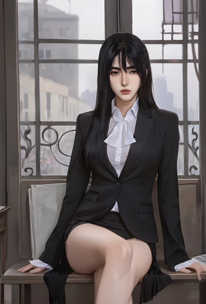 (masterpiece high quality, modern clothes) Arcane, caitlyn, black hair, 1girl, long hair, bangs, black attire, normal , messy hair, white top suit, black clothes, anime style character, highly detailed exquisite fanart, realistc anime
