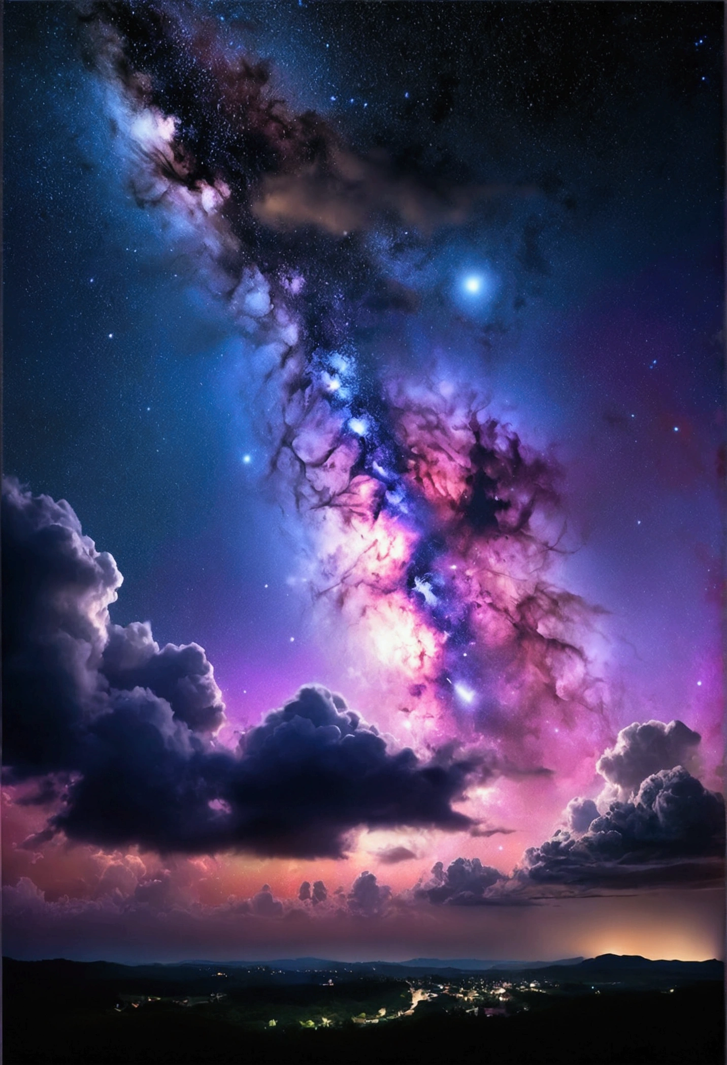 a painting of a night sky with clouds and stars, nebula clouds, nebula sky, space clouds, dramatic nebula sky, beautiful night sky, cosmic sky, interstellar stormy bright sky, dramatic night sky, night clouds, cosmic skies, epic clouds and lighting, atmospheric fantasy sky, purple nebula, in the universe.highly realistic, epic clouds and godlike lighting