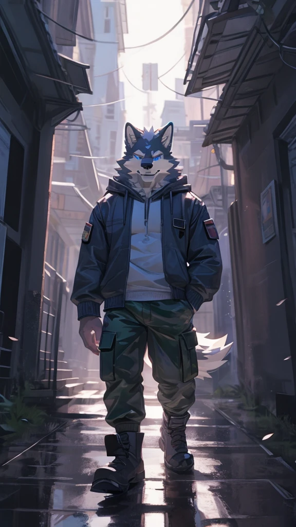 (masterpiece:1.2), best quality,pixiv,official art,perfect anatomy, (Ray tracing, light),solo, (1_male:1.3) , (muscle), (grey fur:1.4), (muscle wolf), (beard:1.2), (gleaming blue eyes), wolf tail, full body, Thick white eyebrows,(open hoodie), (naked inside), (cargo pants:1.2), boots, 30-40years old , storm, rain , ruin , wind