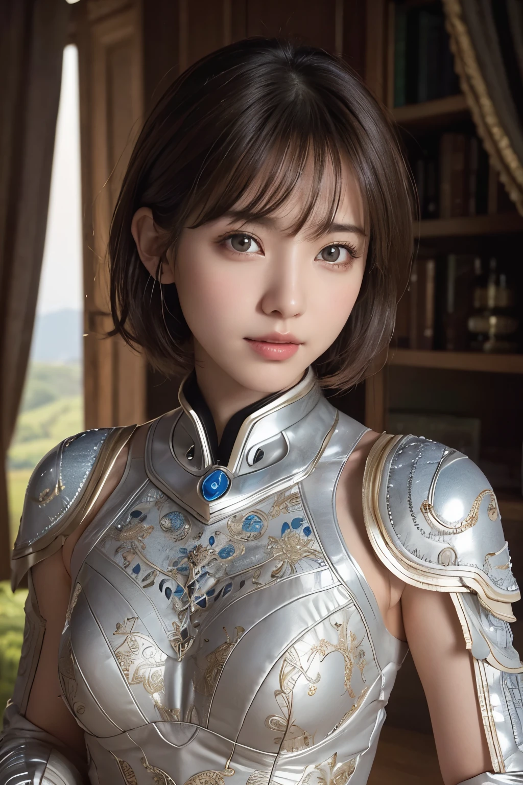 Ultra-high resolution、(Real:1.4)、One beautiful woman、Beautifully detailed eyes and skin、Light brown short hair、A Little Smile、Small Bust、Intricately decorated smart space suit、Impressive pose、Remains of a huge structure、Valley、cliff、Cloudy、evening、light rain、