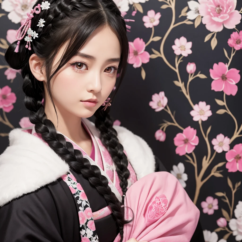 The background is the Sengoku period、Dressed in black and pink kimono、White and black hair braids、Pink Eyes、One Woman、singer