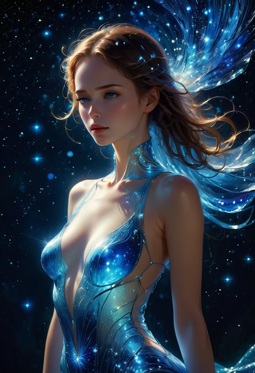 imagine a glass woman, Her delicate figure is like a sculpture-like work of art, Crying in the Starry Sky. The blue night enveloped her, Casting a melancholy light on her ethereal figure. Her glass body glows with bright blue hues, Every line and curve is etched with intricate detail. The glass in her eyes reflects the twinkling stars, Reflecting the infinite depth and emotion of the universe. Her sadness is beyond words, But her beautiful figure is still untarnished, Proof of the extraordinary power of emotion. This 4K glass woman is an exquisite picture of light and shadow, color, and feeling, arrive,body glow,glowing line,fluorescence,Luminous example,Tracking example,flash,萤light particles,backlight,translucent,light particles,correct human anatomy,