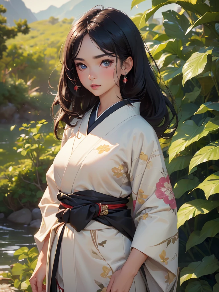 ((Top Quality, 8K, Masterpiece: 1.3)), Sharp Focus: 1.2, (Super Beautiful Face: 1.0), (Glossy Skin: 1.0), Realistic Photos, Black Hair, Realistic Pupils, Movie Lighting, Highly Detailed Eyes and Face, Movie Lighting,  (Cowboy Shot: 1.0),  (kimono, hakama, obi: 1.15),　(Korean Cute Actress), in nature, classic kimono,