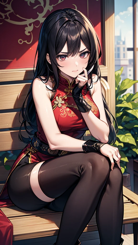 {{masterpiece}}, {{{Highest quality}}},{{Very detailed}},He is sitting on a bench in the waiting room with a serious expression on his face.　,Sit slouched,{{Blushing}},{{V-shaped eyebrows}},{{Female Fighter}},{{expensive}},{{Adult woman sweating with fatigue}},A sleeveless red Chinese dress embroidered with gold thread　Black Hair　Black tights　Black leggings　Black arm covers　fingerless gloves　short boots　Focus on the feet　Place your hands on your knees　Waist belt