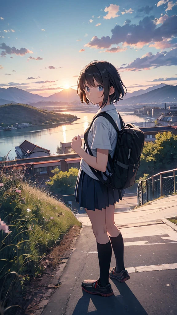landscape, Anime Style, countryside, Mountains and clouds are visible in the background.  A very cute 11-year-old elementary school student