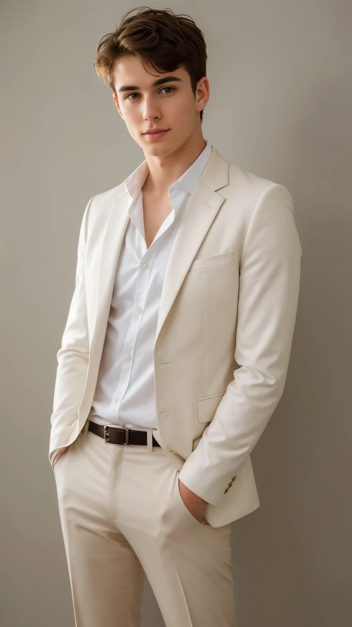 Best quality image: A full-body photo,sideways,Handsome man in his early 20s、Handsome European man in his 20s、Like gay handsome guy、Please face forward、Male in his early 20s、Brown short hair,Suit,White shirt,Hands in pockets,Simple background,White background,He stood on a clean, Neat background. Clear image details,Relaxed natural texture. The lighting is very cinematic, Casting a soft and bright light on his muscular face, Enhance the depth and dimension of your photos.