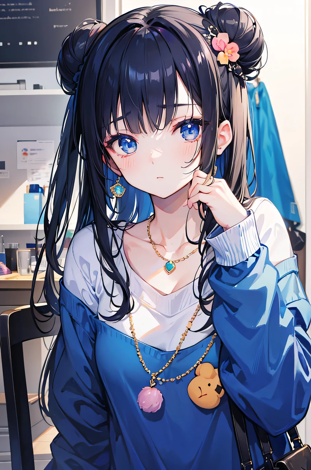 Blue sweater,Fair skin and beautiful appearance,Black hair loli bun,Sweet peach face makeup,necklace
