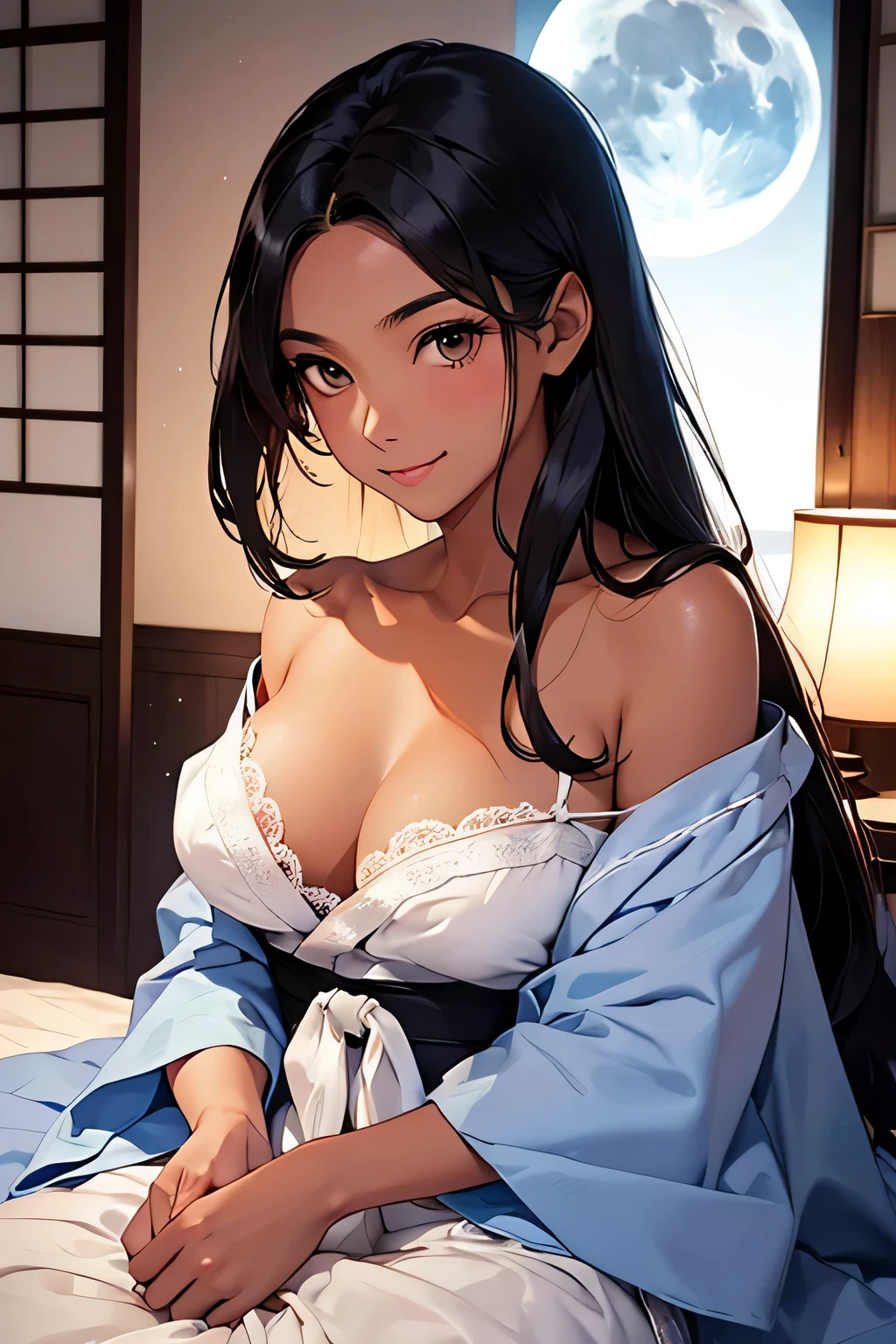 highest quality、Realistic、Women、Black Hair、Light brown eyes、Long Straight Hair、Fluffy blue yukata、White Lingerie、Tanned dark skin、Tan Skin、Dark Skin、Large Breasts、smile、slender、Moonlit Night、Japanese-style room、Summer blanket、Bust Shot