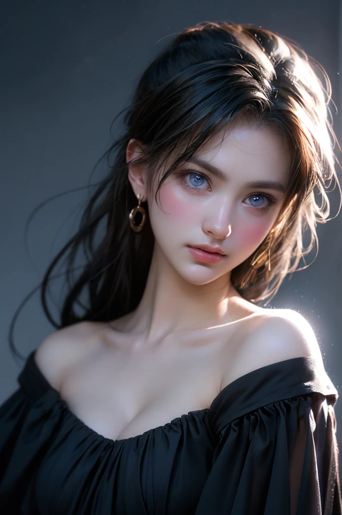 (Girl in a semi-transparent off-the-shoulder black dress)、、(フォトRealistic:1.4)、(ハイパーRealistic:1.4)、(Realistic:1.3)、(Smooth lighting:1.05)、(Improved Cinematic Lighting Quality:0.9)、.32K、1girl、20yo girl、Realistic lighting、Backlight、Face light、light、(Brightening Light:1.2)、(Improve image quality:1.4)、(Highest quality realistic skin texture:1.4)、Detailed drawn eyes、Detailed painted face、（Big Blue Eyes)、Close-up of face、A shirt that shows a large cleavage、(Enhances the body line:1.1)、(Beautiful textured skin:1.1)