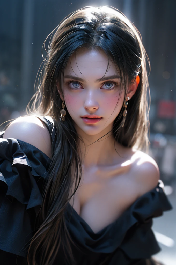 (Girl in a semi-transparent off-the-shoulder black dress)、、(フォトRealistic:1.4)、(ハイパーRealistic:1.4)、(Realistic:1.3)、(Smooth lighting:1.05)、(Improved Cinematic Lighting Quality:0.9)、.32K、1girl、20yo girl、Realistic lighting、Backlight、Face light、light、(Brightening Light:1.2)、(Improve image quality:1.4)、(Highest quality realistic skin texture:1.4)、Detailed drawn eyes、Detailed painted face、(Big Blue Eyes)、Close-up of face、A shirt that shows a large cleavage、(Enhances the body line:1.1)、(Beautiful textured skin:1.1)