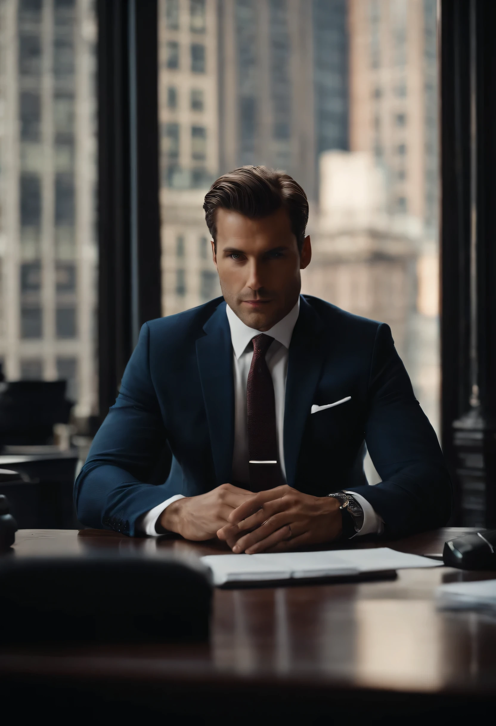 Portrait of a businessman in New York sitting behind his desk with a suit This man must be handsome and elegant The image must be in 8k and behind him one must see New York