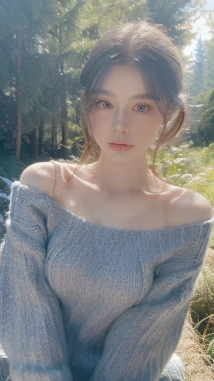 Portrait uper body, high quality, Ukrainian fairy winter snow in the forest through the trees About 10 years old, blue eyes, smooth skin, big breasts, off-shoulder sweater ((Best quality, 8k, Masterpiece :1.3)), 1girl, Pretty girl , Casual outfit :1.2, in the forest, Ultra-detailed face, Detailed eyes, Double eyelid