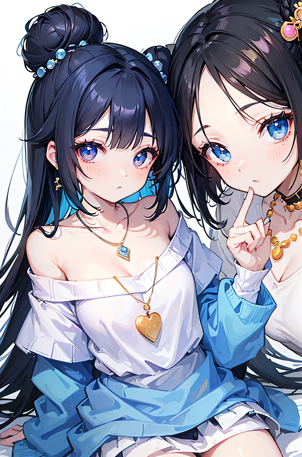  Blue Off Shoulder Sweater，Fair skin and beautiful appearance，Black hair  bun，Sweet peach face makeup，necklace