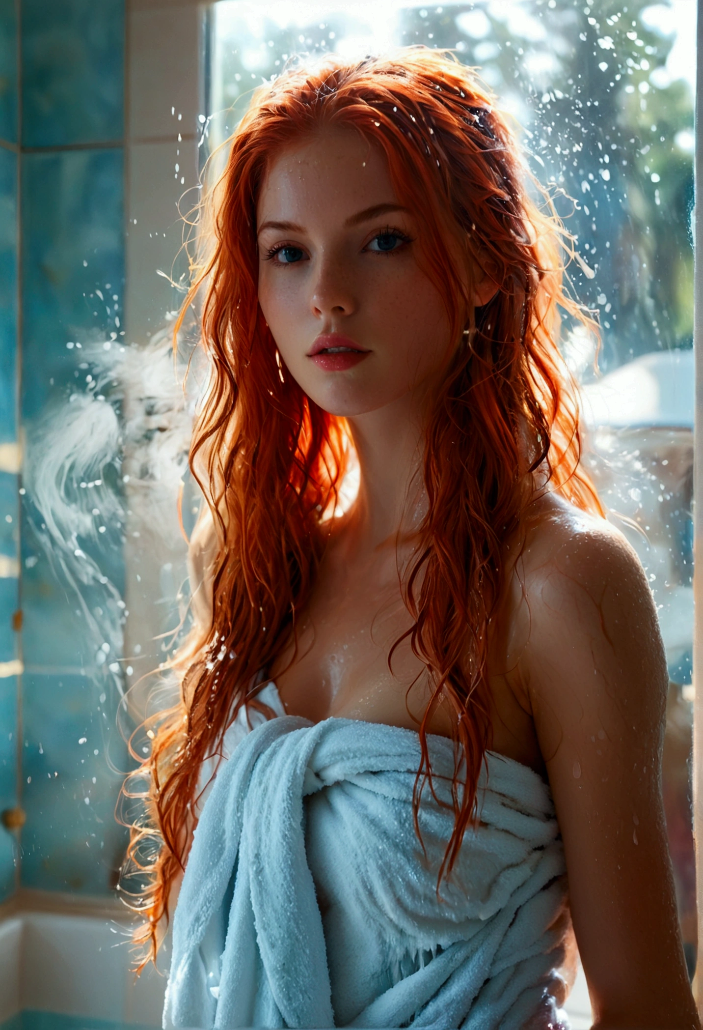 ultra realistic, photography, long red hair, girl, 24 years old, hourglass figure, perfect body, Flirty look, extremely detailed artgerm, in the style artgerm, facing the camera, lens 35 mm, blur background, in the bathroom, standing in front of the mirror, having a towel wrapped around her upper body and wet hair and wet skin, there is still steam floating around in the air