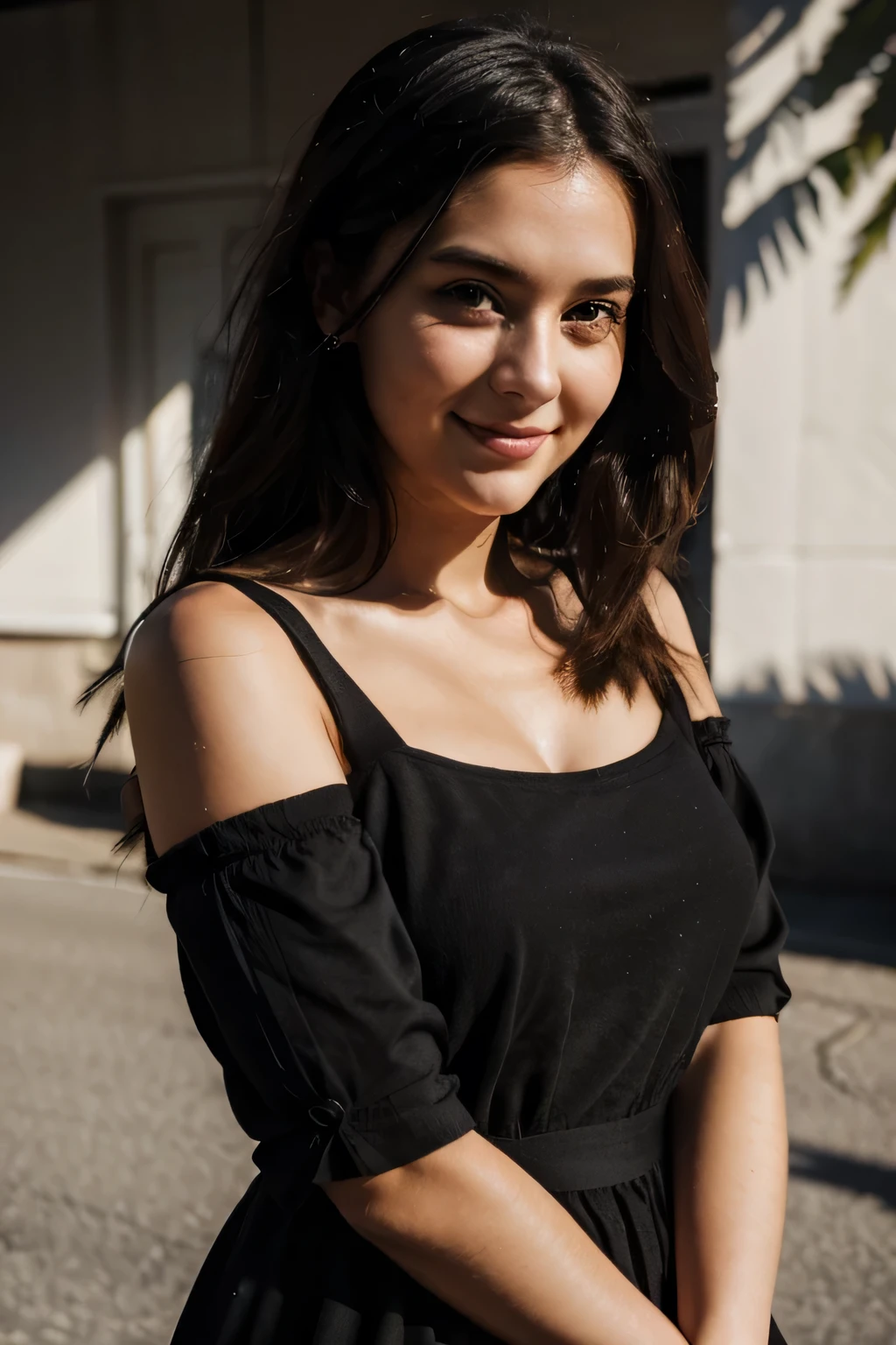 RAW photo, face portrait photo of beautiful 26 y.o woman, cute face, wearing black dress, happy face, hard shadows, cinematic shot, dramatic lighting