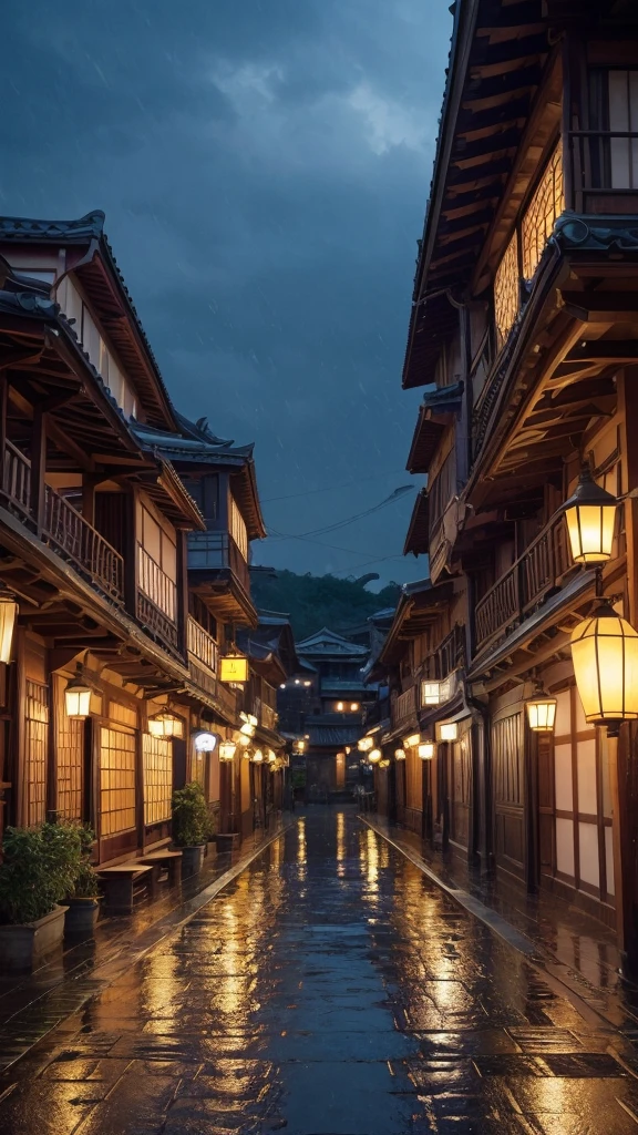 A view of the village with many lights on the buildings, 超リアルな町のphotograph, Old Asian Village, Japanese cities, Rainy night, beautifully照らされた建物, Rainy Evening, beautifully、aesthetic, photograph, Cinematic, 8k, high resolution、high quality、landscape、Rain amusement park、ruins、Lantern light、night