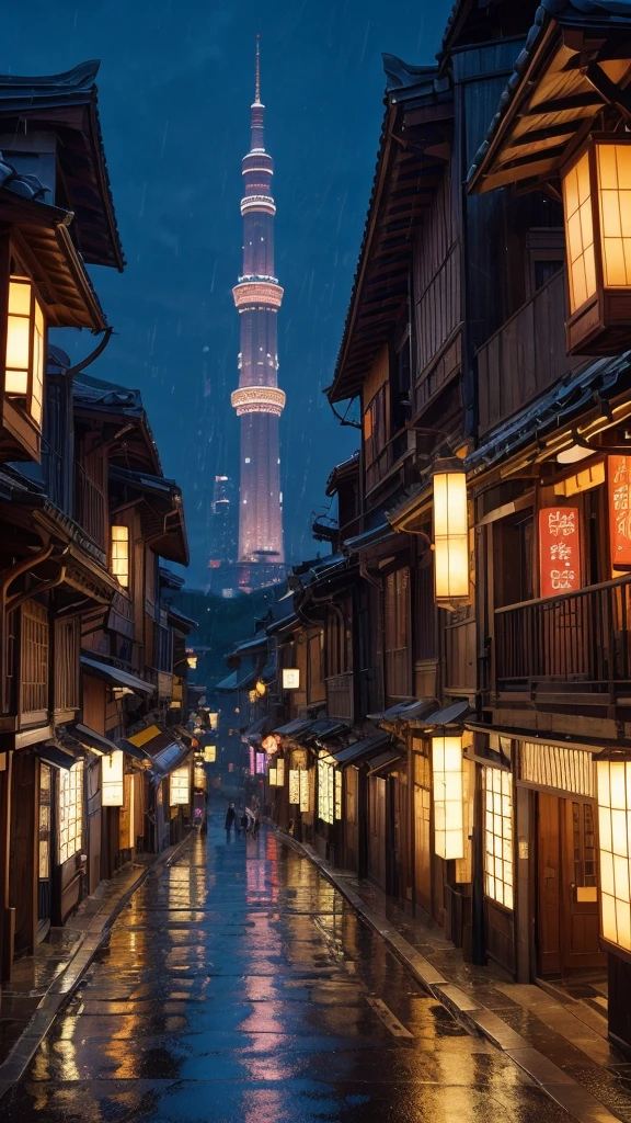 A view of the village with many lights on the buildings, 超リアルな町のphotograph, Old Asian Village, Japanese cities, Rainy night, beautifully照らされた建物, Rainy Evening, beautifully、aesthetic, photograph, Cinematic, 8k, high resolution、high quality、landscape、Rain amusement park、ruins、Lantern light、night