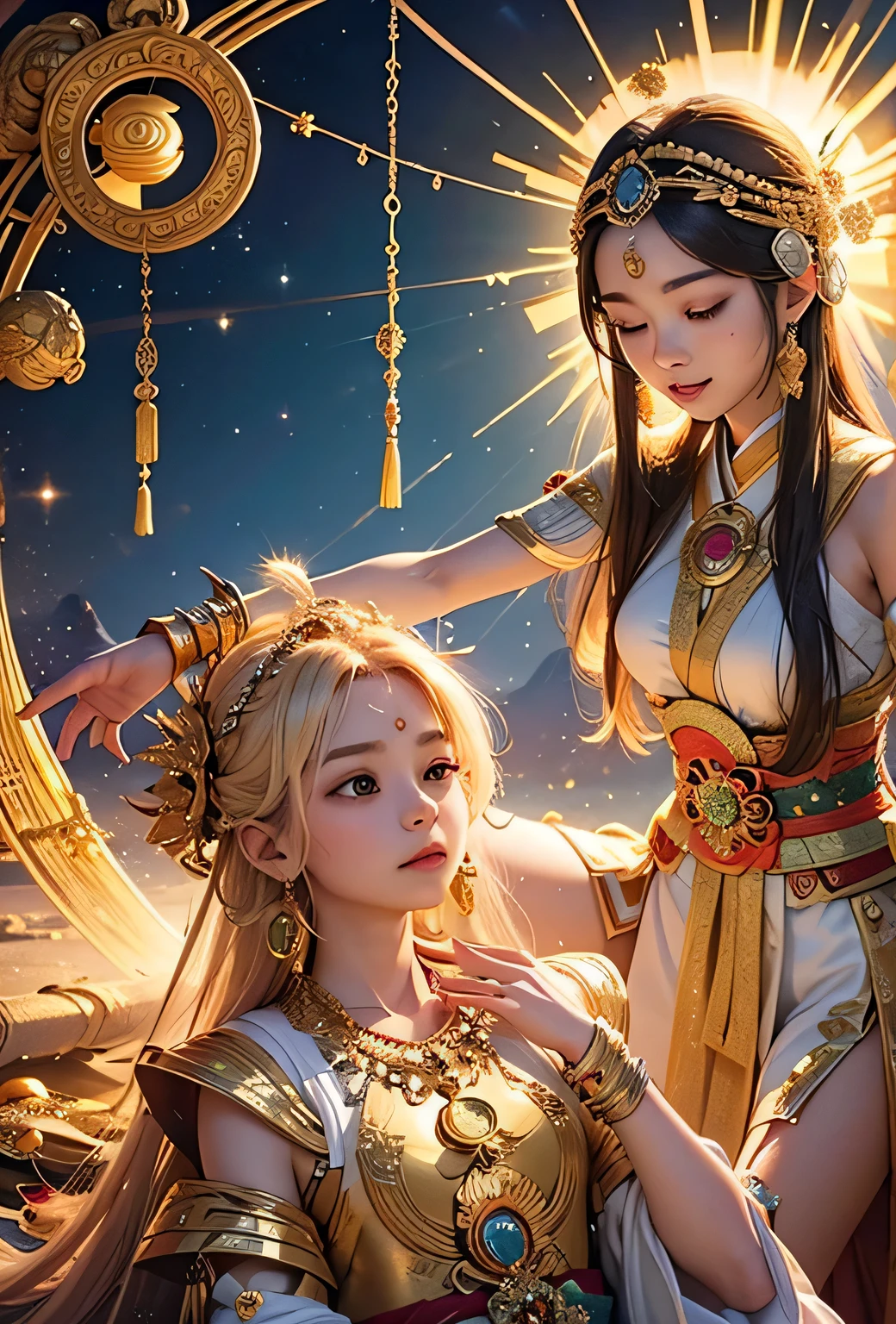 "Child of the Sun, Goddess of Love": Within a sacred sanctuary bathed in sunlight, depict the figure of a sun goddess who governs love, facing forward and emanating divine radiance. She is a , around 3 years old. Zoom in to focus on her face, with a gleaming orb of light in her hands, representing the life-giving power of the sun. Her hair is shimmering gold, and she is wearing a traditional miko outfit as seen in Japanese shrines. The background should be predominantly gold, evoking a sense of divine splendor, with numerous heart-themed objects expressing the beauty of love. The setting is in heaven, enveloped in soft, bright light, where one can find tranquility and peace of mind, free from any trace of anxiety.Straight-on.