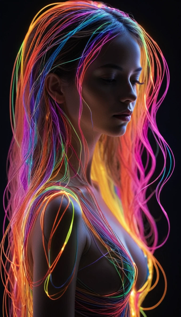 ((Ultra long exposure photography)) high quality, Very detailed, Colorful silhouette of a beautiful woman made from millions of strings of super bright neon lights, Beautiful silhouette, By Xueying, High Detail,