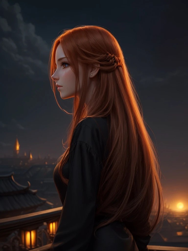 (high quality, ArtStation, Relax Art, fantasy style:1.2), (A beautiful girl, from side, looking at viewer), (long messy ginger hair), (black shirt), (palace rooftop, autumn evening)