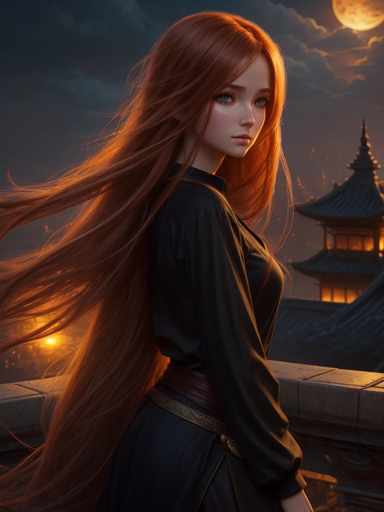 (high quality, ArtStation, Relax Art, fantasy style:1.2), (A beautiful girl, from side, looking at viewer), (long messy ginger hair), (black shirt), (palace rooftop, autumn evening)