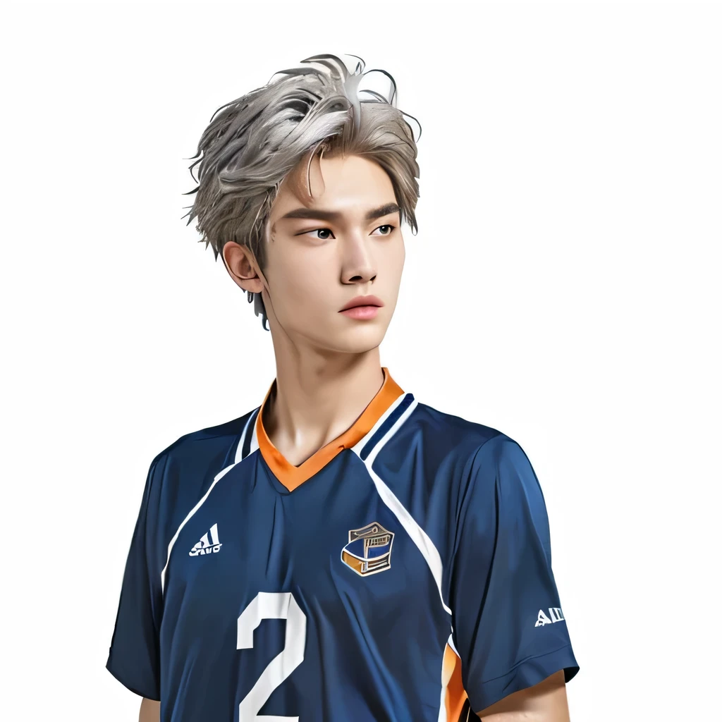 mix handsome boy with a blue jersey and orange collared shirt, volleyball, grey hair, fierce face, realistic, best quality, masterpiece, 8k