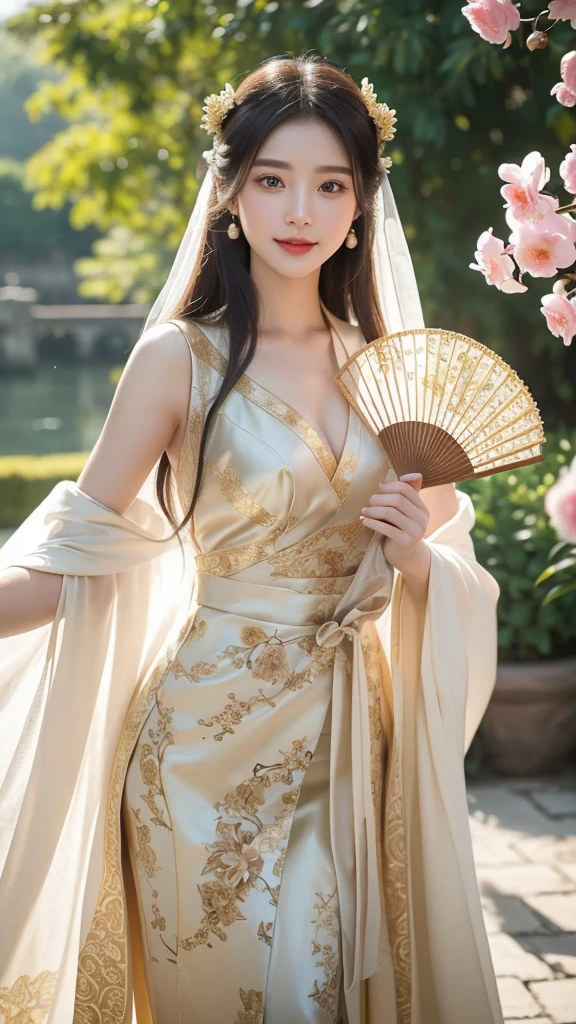 (masterpiece), (best quality), (Ultra-delicate), (illustration), (Extremely refined), (Dynamic Angle), White and black highlights, (China龙背景), China, 1 girl, Hanfu, (Intricate details) (Beautiful and delicate eyes), Golden Eyes, Green pupils, Delicate face, Upper Body, Messy and flowing hair, Messy hair, Key Points, Perfect hands, (Fantasy),Large Breasts,Slipping breasts。Draw a delicate and elegant picture of a beautiful woman in classical palace costume,The setting is in the Imperial Garden of the Imperial Palace。She was dressed in a gorgeous court dress.,The long skirt embroidered with gold threads sways gently in the wind,The hem is embellished with delicate peony patterns。Her long hair fell like a waterfall,Wearing gold on the head,Pearl tassels sway gently。Good looking,Eyebrows like distant mountains,Eyes like autumn water with affection,Red lips and white teeth,With a smile。Holding a delicate fan in hand,The fan is painted with landscapes,Looks both noble and gentle。Surrounded by blooming peonies and orchids,The air is filled with a faint floral fragrance。Soft light,Sunlight shines through the gaps in the leaves,Sprinkle on her,Mottled light and shadow。