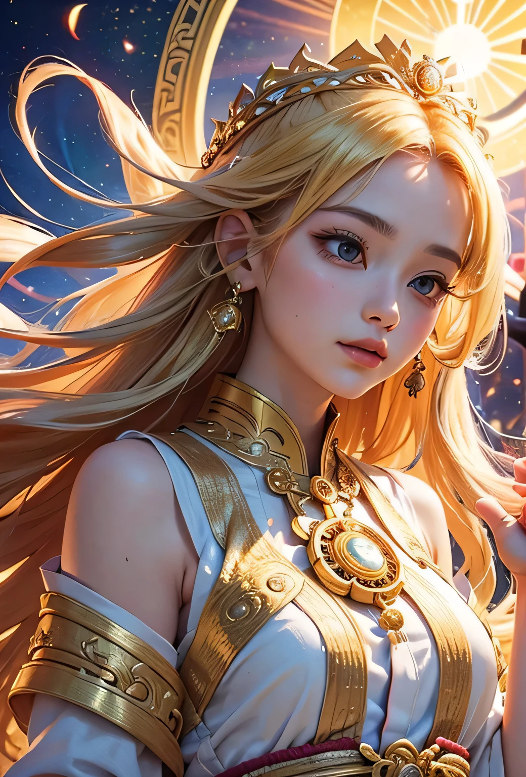 "Child of the Sun, Goddess of Love": Within a sacred sanctuary bathed in sunlight, depict the figure of a sun goddess who governs love, facing forward and emanating divine radiance. She is a , around 3 years old. Zoom in to focus on her face, with a gleaming orb of light in her hands, representing the life-giving power of the sun. Her hair is shimmering gold, and she is wearing a traditional miko outfit as seen in Japanese shrines. The background should be predominantly gold, evoking a sense of divine splendor, with numerous heart-themed objects expressing the beauty of love. The setting is in heaven, enveloped in soft, bright light, where one can find tranquility and peace of mind, free from any trace of anxiety.Straight-on.
