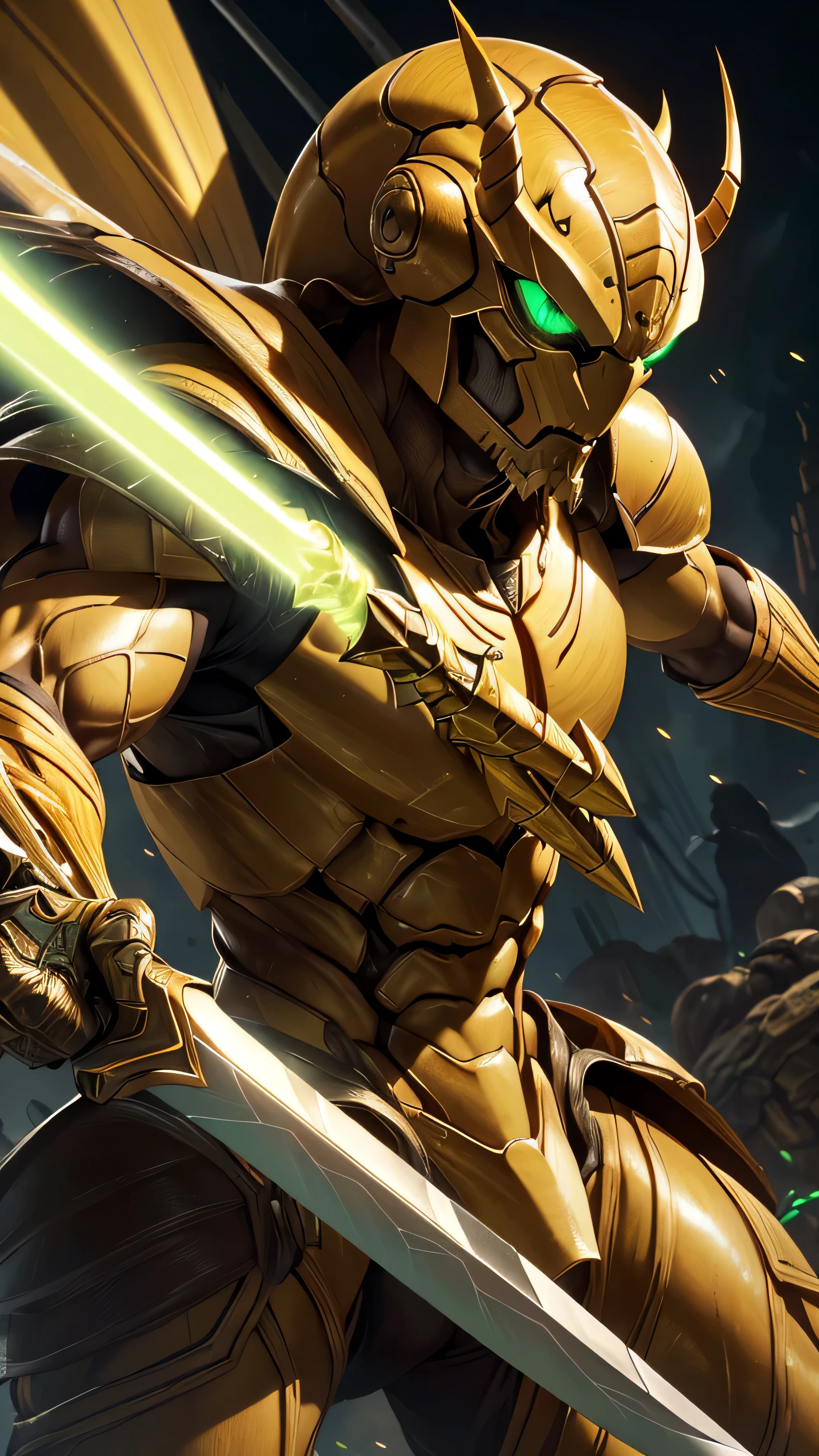 tall slender insectoid, spear, yellow brown skin, carapace armor, (masterpiece, best quality), (green eyes), (Hyper realistic:1.6), ((detailed face)), ((award-winning)), (sharp), (8k resolution), (cinematic lighting)