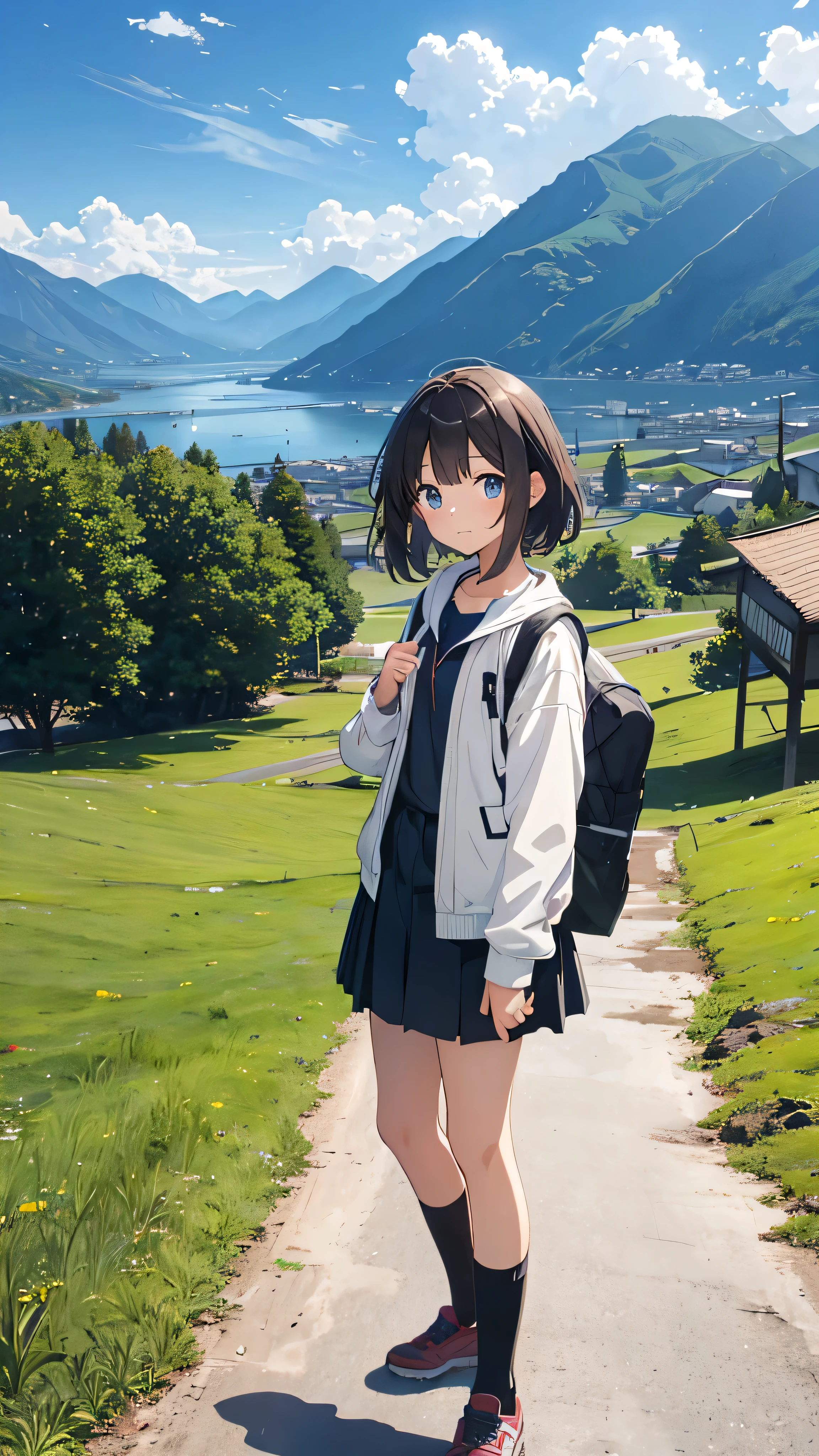 landscape, Anime Style, countryside, Mountains and clouds are visible in the background. A very cute 11-year-old elementary school student