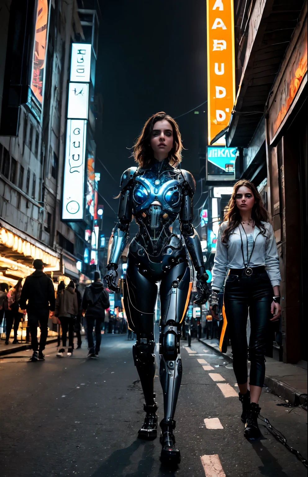 Here is a short story that focuses on the relationship between female and male cyborgs:
In a dystopian, neon-lit metropolis of the future, Amanda, a metal-framed cyborg beneath her skin, wandered the streets in search of her destiny. Her mechanical limbs glittered under the lights of the city's signage, giving her a menacing yet mesmerizing appearance.
One day she met Max, a cyborg like herself, with eyes skillfully embedded in his cybernetic face. A dialog ensued between them, full of distrust and wariness inherent in their artificial natures. But gradually, under the influence of an inevitable attraction, they began to blur the boundaries between the human and the mechanical, realizing that their relationship could become something more.
Going through endless trials and obstacles, prepared for them by the world, where technology dominated over nature, Amanda and Max learned to trust each other, discovering new facets of themselves, inaccessible to ordinary people. Their union grew stronger and stronger, as if they were two halves of the same whole, perfectly complementing each other.
Together they challenged the cruel reality, in which the mechanical outnumbered the organic, and believed that their love could overcome any obstacles erected by this cold, ruthless world.