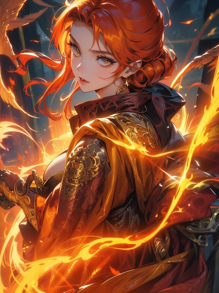 a close up of a woman with a fire and flames on her body, with fiery golden wings of flame, with fiery golden wings, epic fantasy art style, concept art | artgerm, phoenix warrior, extremely detailed artgerm, epic fantasy digital art style, female lord of change, full portrait of elementalist, epic exquisite character art
