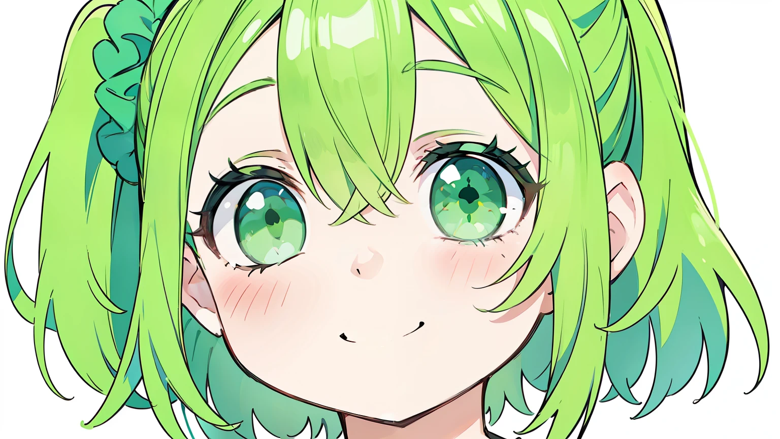 masterpiece, beautiful detailed, 1girl, (Oversized plain T-shirt), green Eyes, green hair, one side up, medium breasts, hair scrunchie, ((big smile)), ((close up)), green theme, (((bold outline))), limited palette