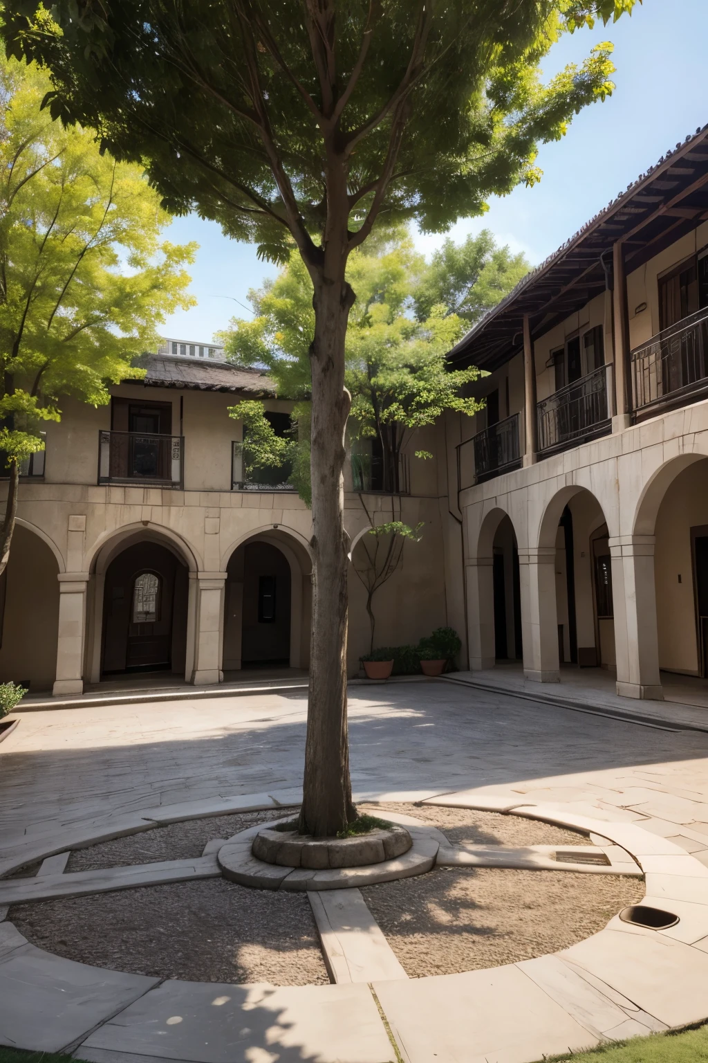 Golden courtyard with a tree in the center 